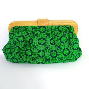 Old Navy Clutch Purse Green & Navy Wood Frame Bag